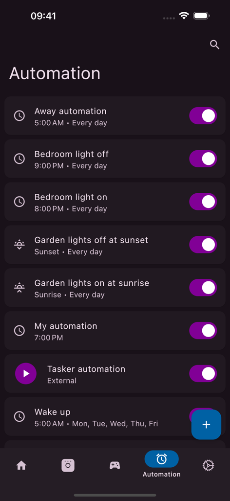 Hue Essentials - Smart home automation settings in the Hue Essentials app showing a list of scheduled light routines and toggle switches