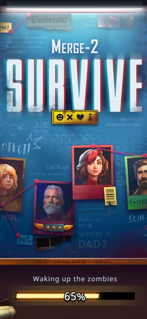 Loading screen for Merge 2 Survive showing a blue mystery board with character photos and a zombie outbreak theme
