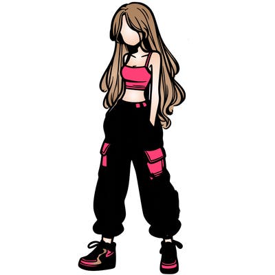 girl in baggy pants crop top and long hair