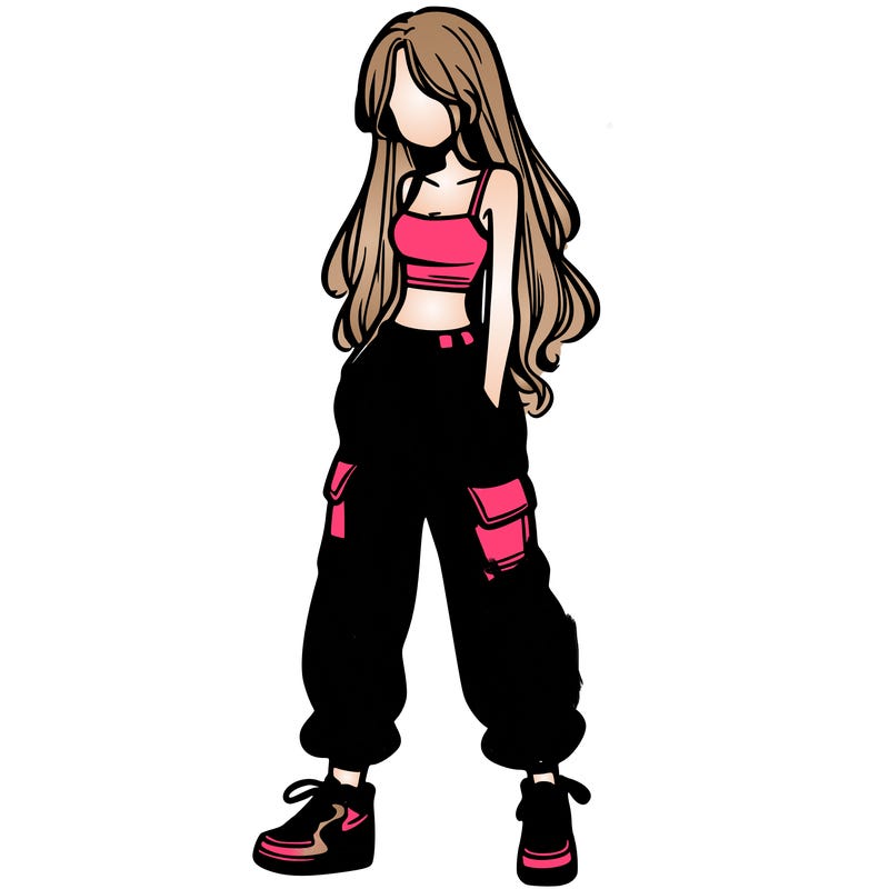 girl in baggy pants crop top and long hair