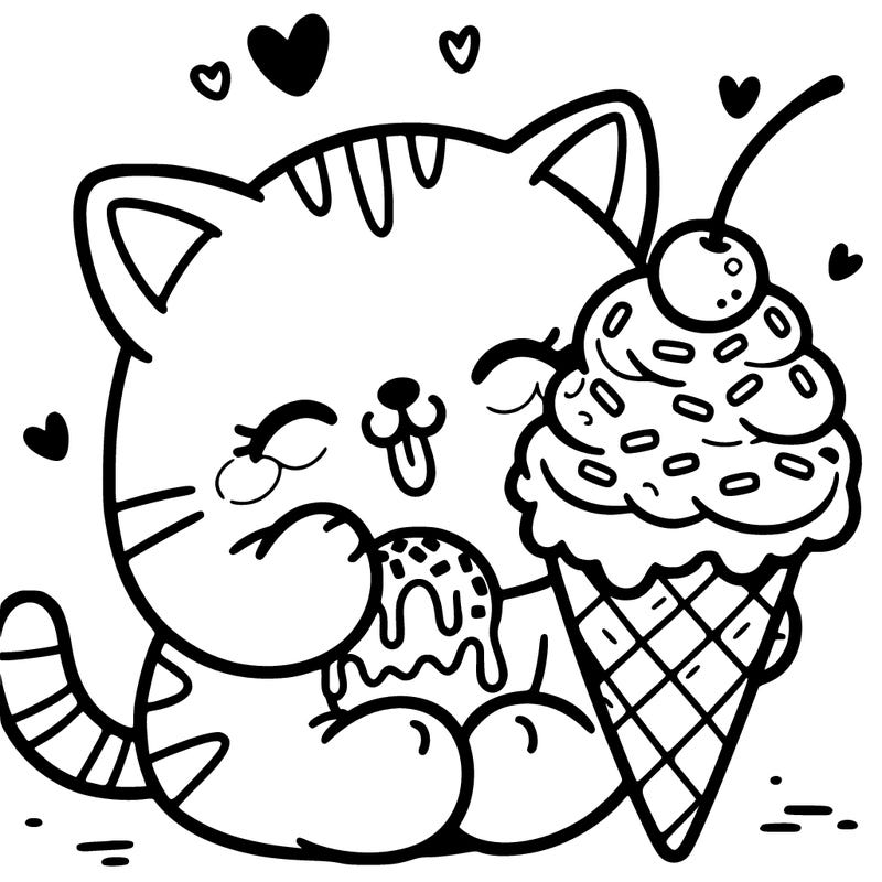 a cat eating an ice cream cone with sprinkles and whipped cream with a cherry on top