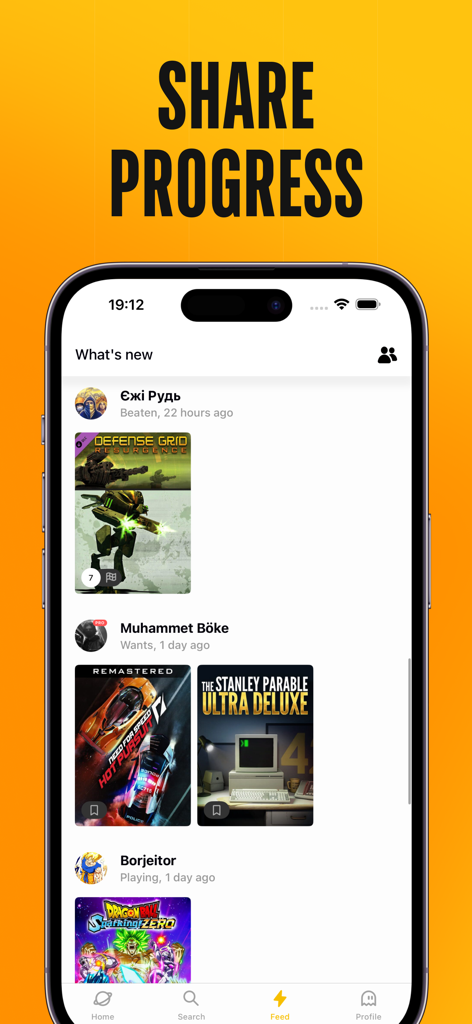 A mobile interface showing a social feed where users share their gaming progress and activities like beaten or wanted games.