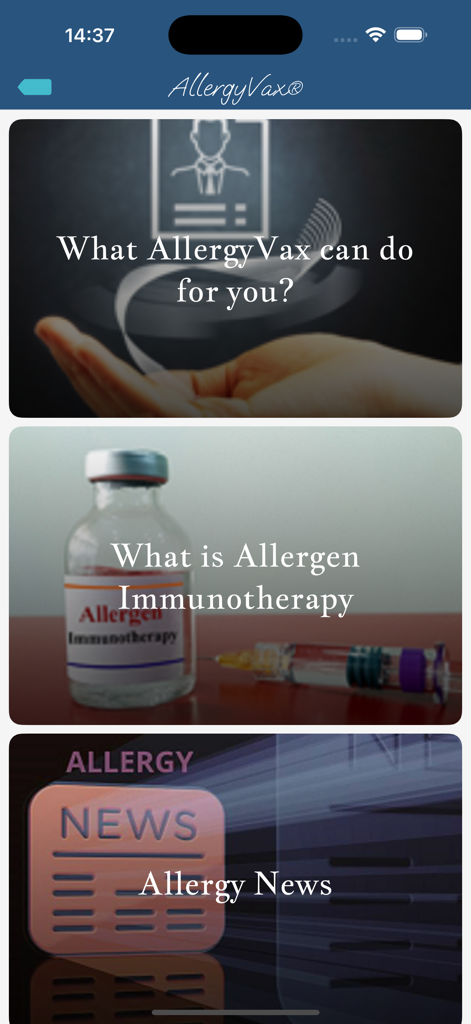 Main menu of the AllergyVax app showing sections for treatment information and allergy news
