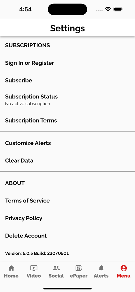 Menú de configuración de la aplicación Las Vegas Review-Journal que muestra la gestión de suscripciones y la personalización de alertas.