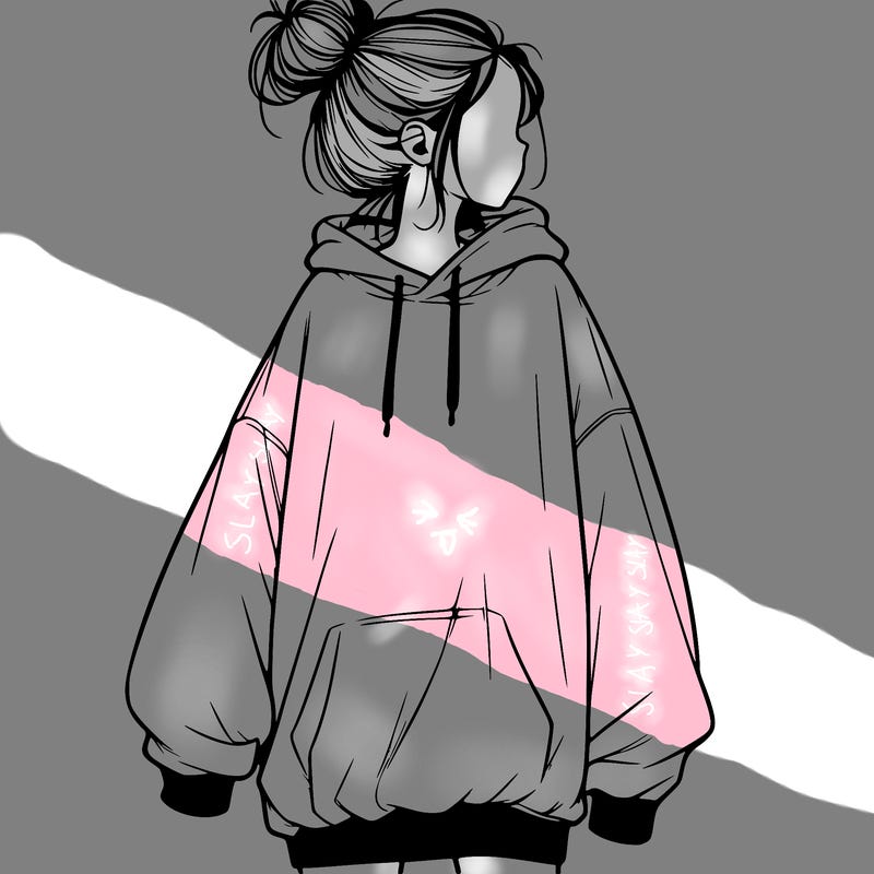 realistic girl with a oversized sweatshirt on and a bun