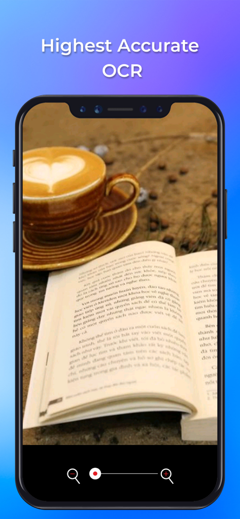 Pantalla de smartphone mostrando la interfaz de la aplicación Text Scanner AI escaneando una página de libro con texto OCR de la más alta precisión mostrado arriba