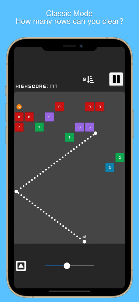 Balls, Bricks, & Puzzles - Gameplay screenshot of the Balls N Bricks classic mode showing numbered blocks and aiming trajectory.