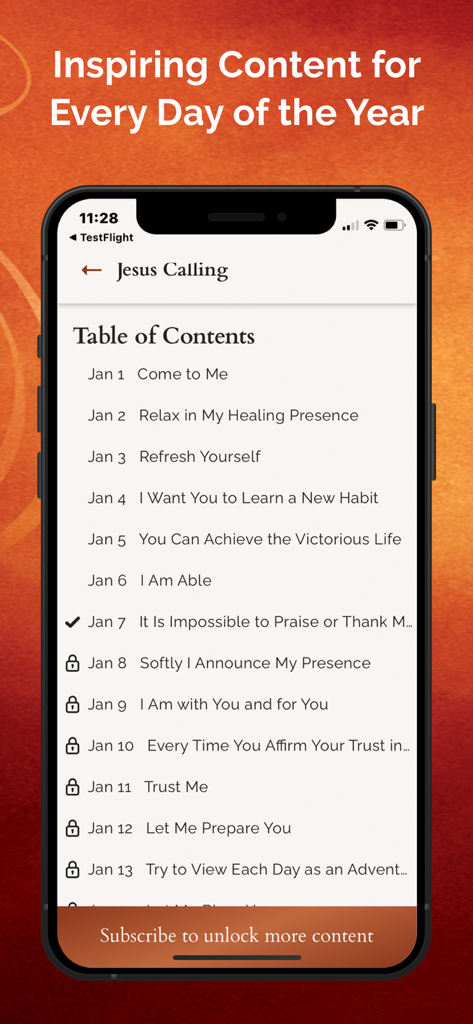 Table of contents in the Jesus Calling app displaying a list of daily spiritual devotions for January
