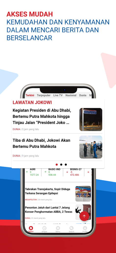 Interfaz de la aplicación móvil BeritaSatu que muestra un feed de noticias con titulares y categorías
