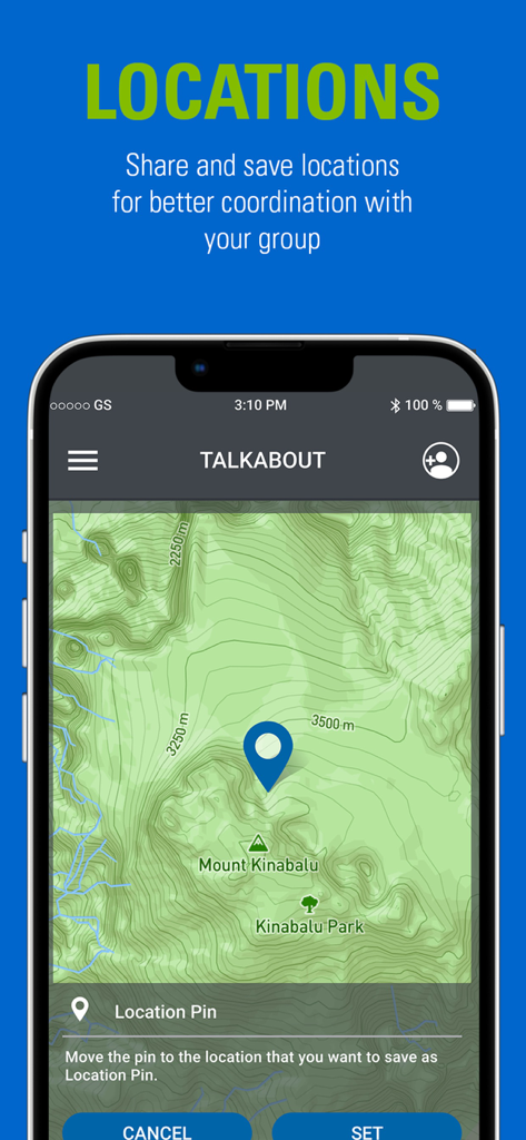 Motorola Talkabout app interface showing a topographic map with a location pin for offline group coordination