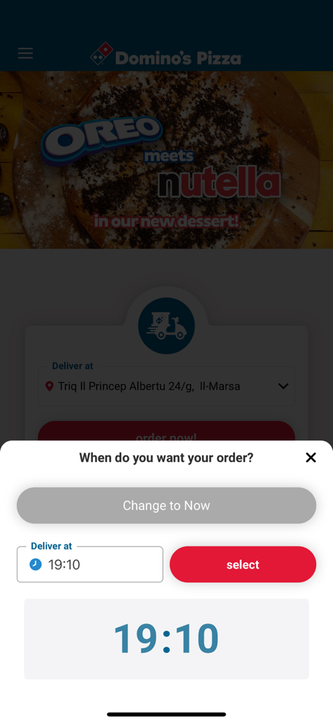 Domino's Malta app interface showing a delivery time selector and a banner for an Oreo and Nutella dessert.