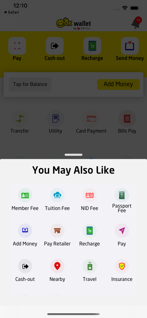 OK Wallet App-Oberfläche mit Optionen für Handyaufladung, Rechnungszahlungen und staatliche Gebühren.