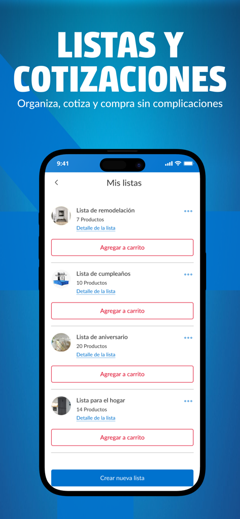 Homecenter: Hogar Construcción - Interfaccia dell'app Homecenter che visualizza più liste della spesa create dall'utente con opzioni per aggiungere articoli al carrello