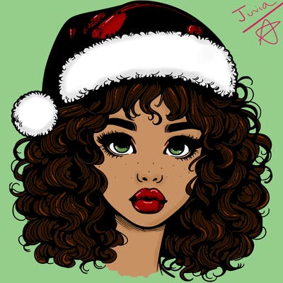 realistic girl with a santa hat curly hair and lips