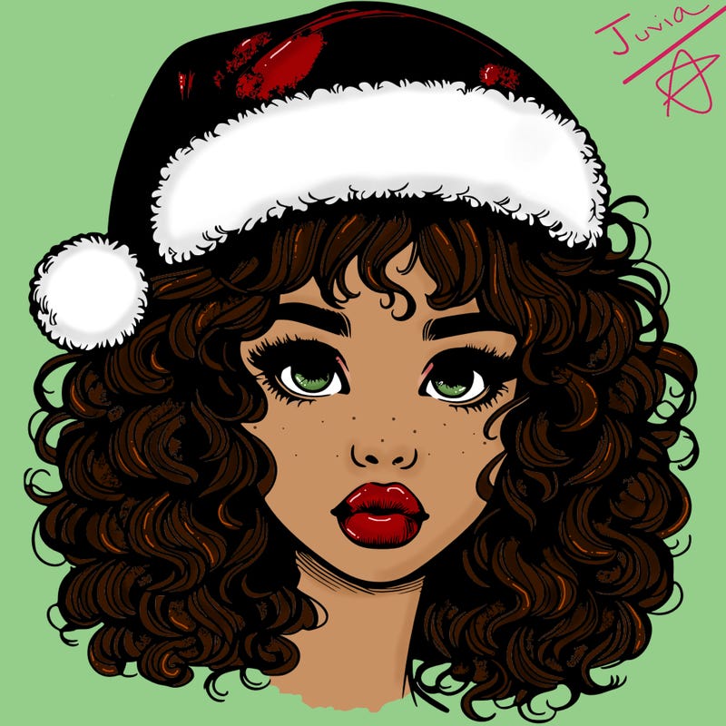 realistic girl with a santa hat curly hair and lips