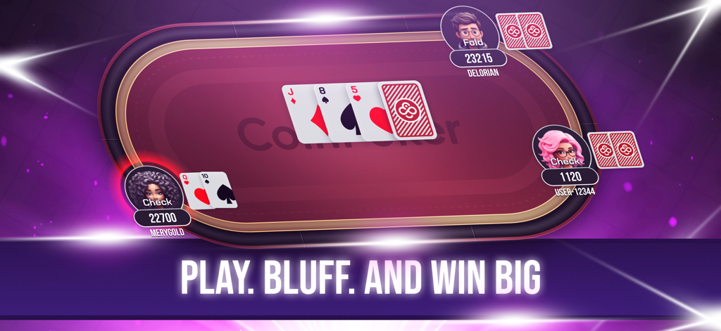 Poker Game: Texas Hold'em - プレイヤーのアバターとカードが表示されているテキサスホールデムポーカーゲームテーブル、「Play Bluff and Win Big」というスローガンが表示されています
