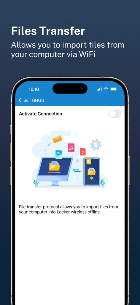 C Vault app screen showing wireless file transfer from computer to phone via WiFi