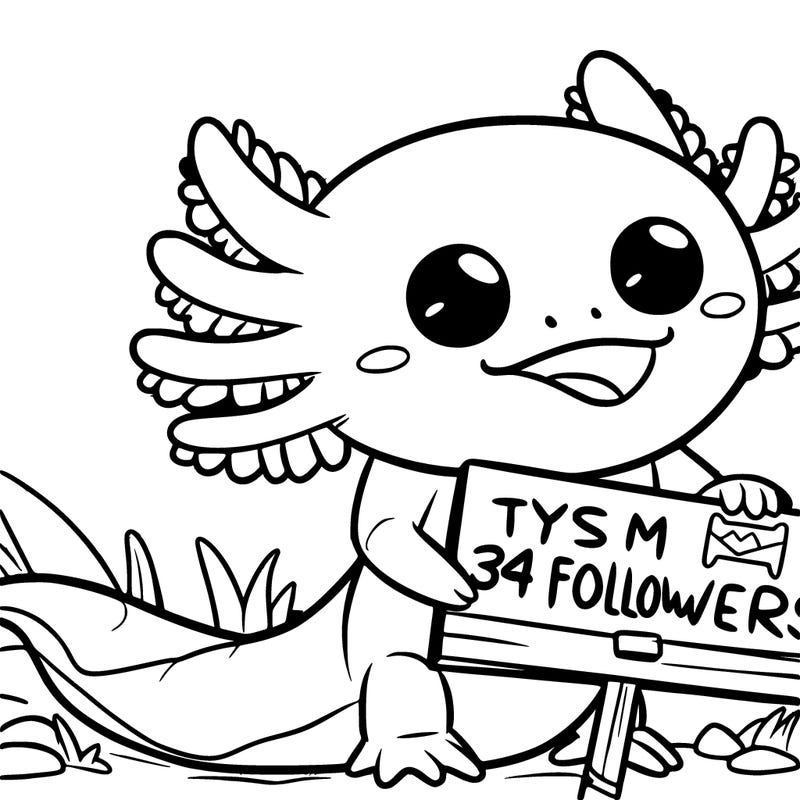 axolotl with a sign that says tysm for 34 followers animated super cute
