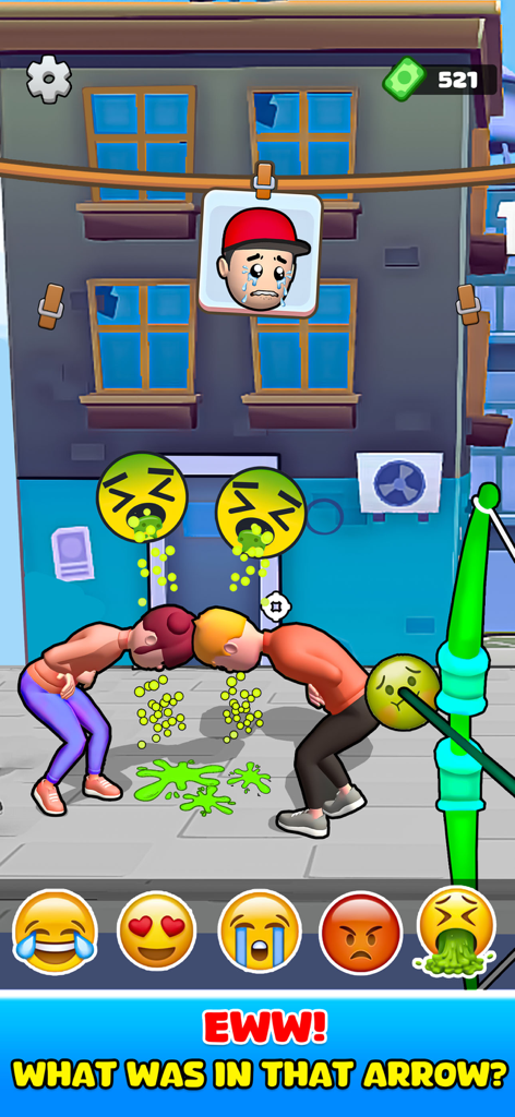 Emoji Arrow Shoot Sim Game 3D - Gameplay screenshot of Emoji Arrow Shoot Sim Game 3D showing a player shooting a vomit emoji arrow at characters for a funny prank reaction.