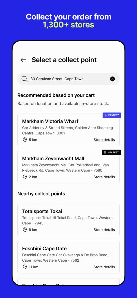 Pantalla de la app Bash para seleccionar un punto de recogida en tienda cerca de la ubicación del usuario