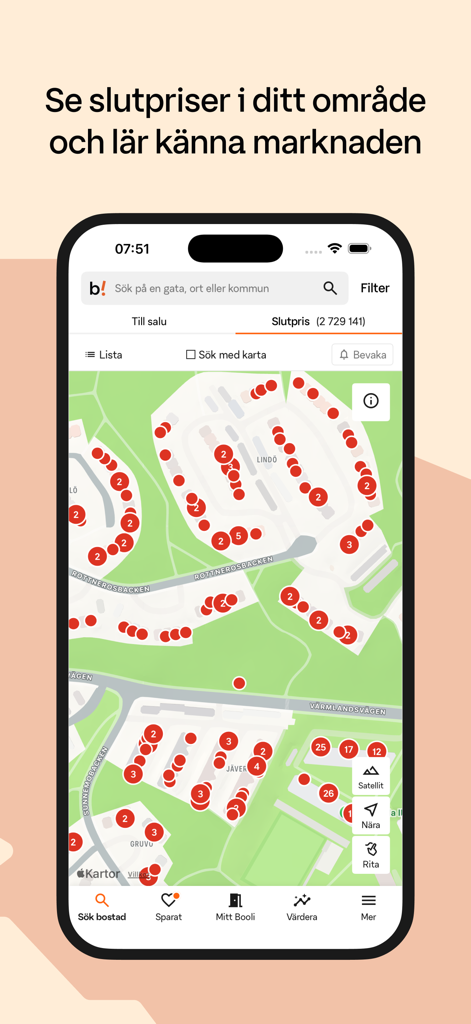 Booli app interface showing a map of Sweden with red markers for final property sale prices
