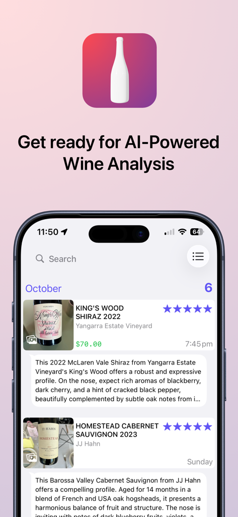 gotBottle: Wine Notes - gotBottle app interface showing AI-powered wine analysis and personal tasting notes for various bottles