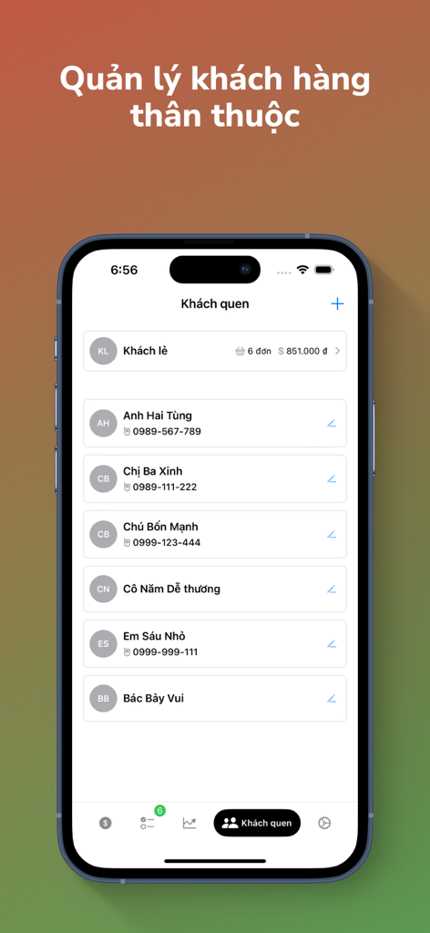 Uma tela móvel mostrando a interface de gerenciamento de clientes do aplicativo hPOS com uma lista de clientes regulares e seus detalhes de contato