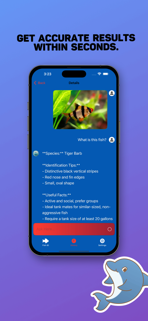Fish Identifier & Finder - Tela de smartphone exibindo os resultados da identificação de peixes para a espécie Barbo-Tigre