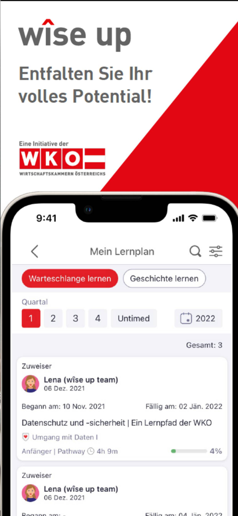 wise up - Painel do plano de aprendizado do aplicativo móvel Wise up com acompanhamento do progresso do curso
