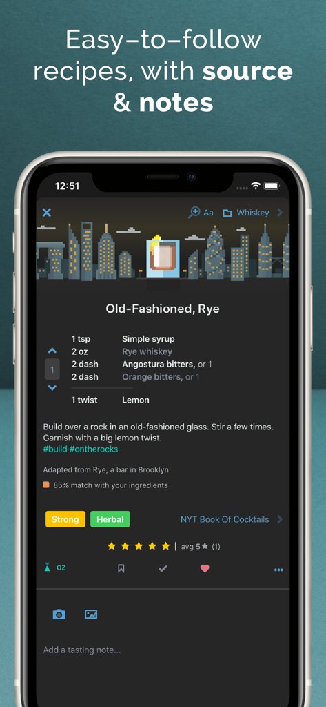 Mixel app screenshot showing a detailed Old Fashioned Rye cocktail recipe with ingredients and instructions
