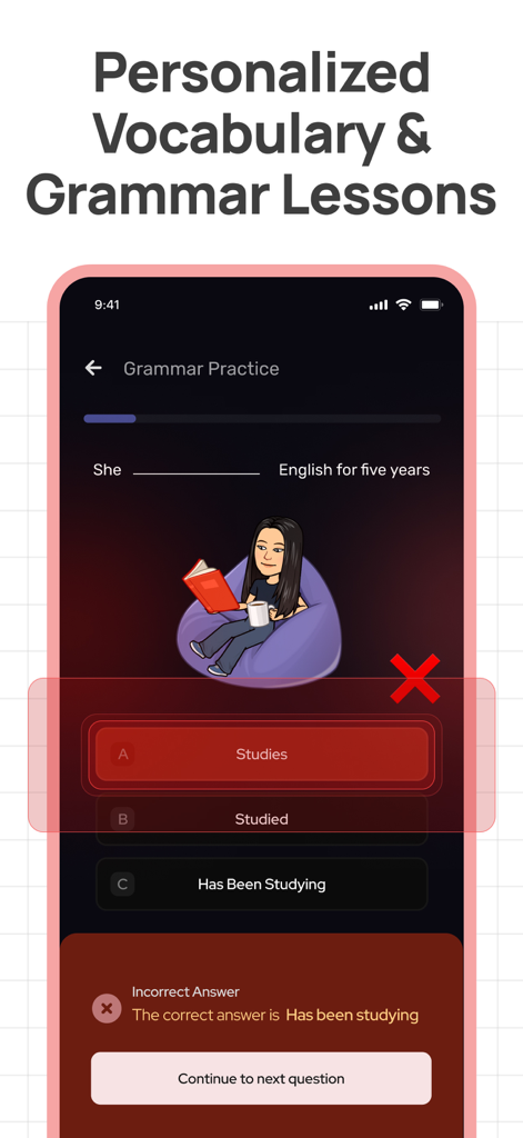 Stimuler- English Speaking App - Una interfaz móvil de la app Stimuler mostrando una lección personalizada de gramática inglesa con retroalimentación instantánea para una respuesta incorrecta.