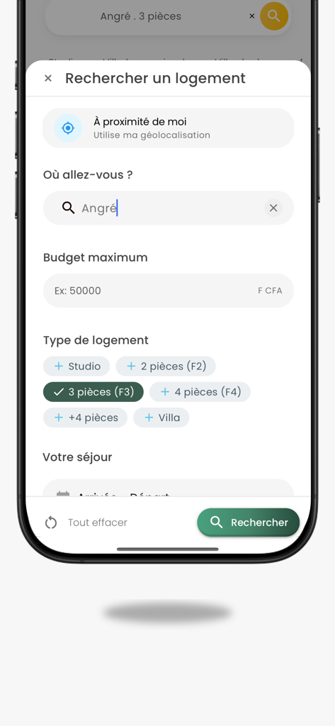 Awlo - Interface de busca do aplicativo Awlo mostrando filtros por localização, orçamento e tipo de moradia na Costa do Marfim.