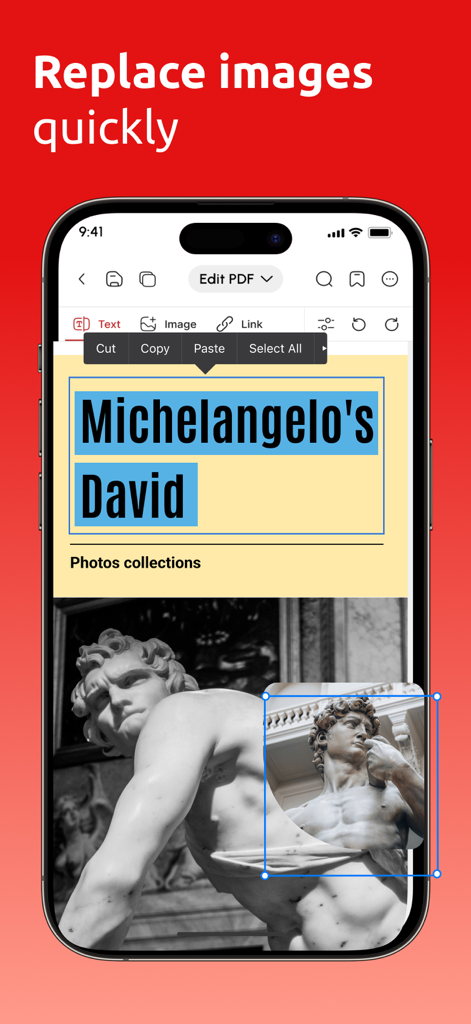 iPhone上で、A1 PDF Editorアプリのクイック画像置換機能を示しているインターフェース
