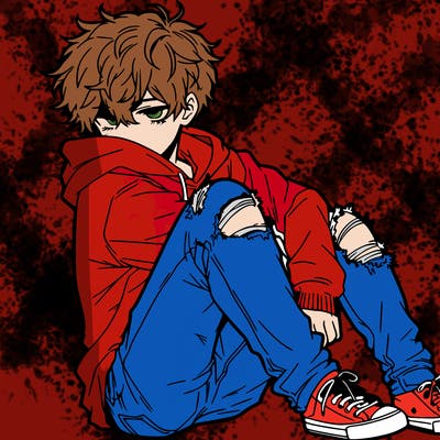a male hoddie ripped jeans messy hair anime