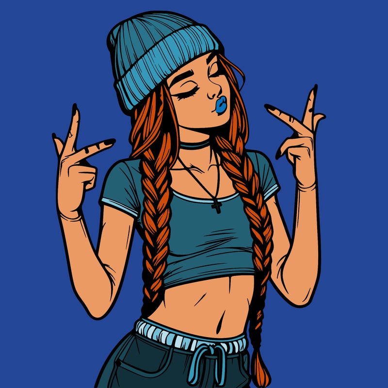 realistic teenage girl with braids and a beanie and crop top doing 🫶🏼