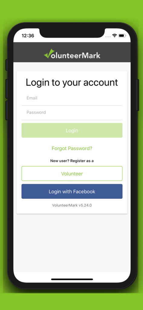 VolunteerMark mobile app login screen with email password and Facebook login options