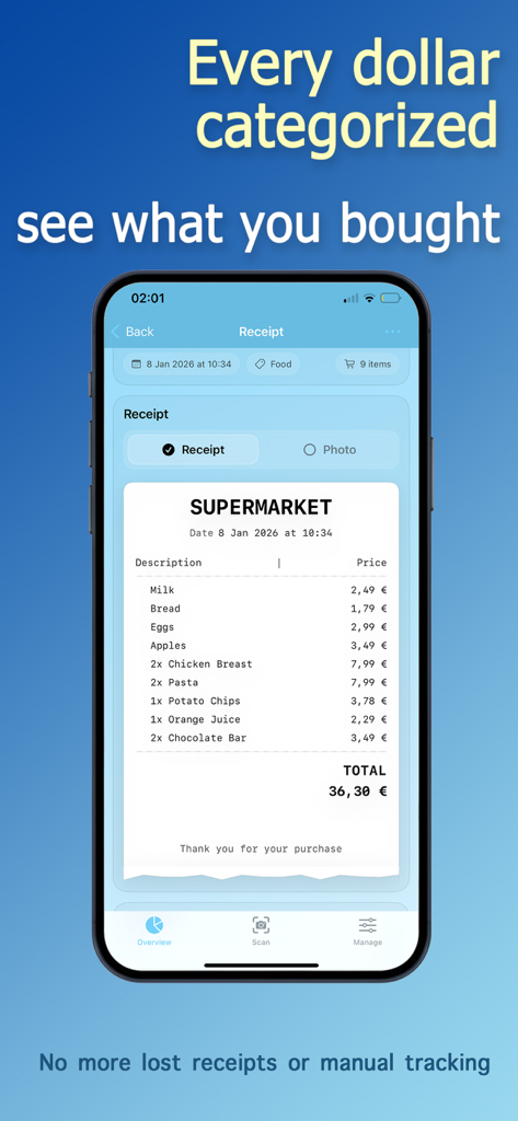 Receipt Scanner - Tracker Bill - Interface of Receipt Scanner app showing an itemized supermarket bill with categorized purchases.