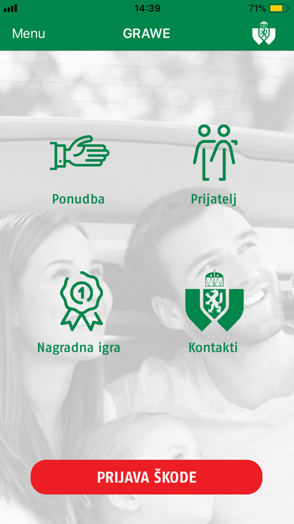 The home screen of the GRAWE mobile app featuring menu icons for insurance offers, friend referrals, prize draws, and contact information, with a prominent red button for reporting damage.
