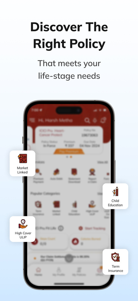 ICICI Prudential Life App display showing various insurance policy options for different life stages