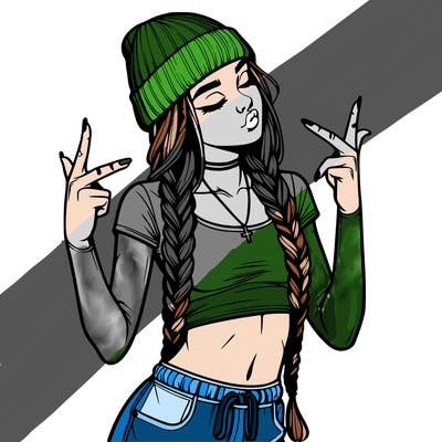 realistic teenage girl with braids and a beanie and crop top doing 🫶🏼