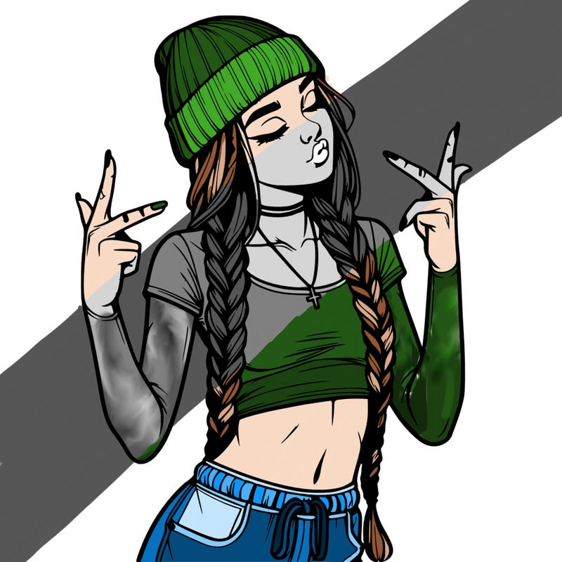realistic teenage girl with braids and a beanie and crop top doing 🫶🏼