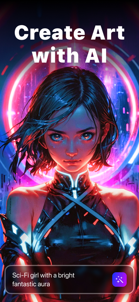 AI generated image of a sci-fi girl with a bright purple and pink neon aura