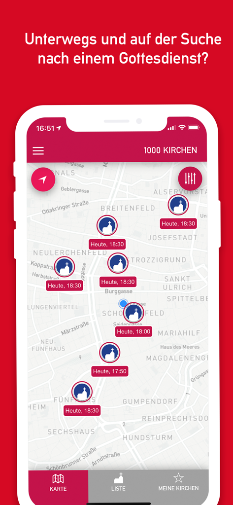 Map interface of the 1000 Kirchen app showing locations and Mass times for churches in Vienna