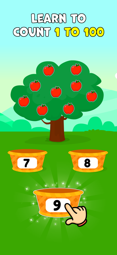 A educational game screen from Kids Math Games for 1st Grade showing an apple tree and numbered baskets for counting practice.