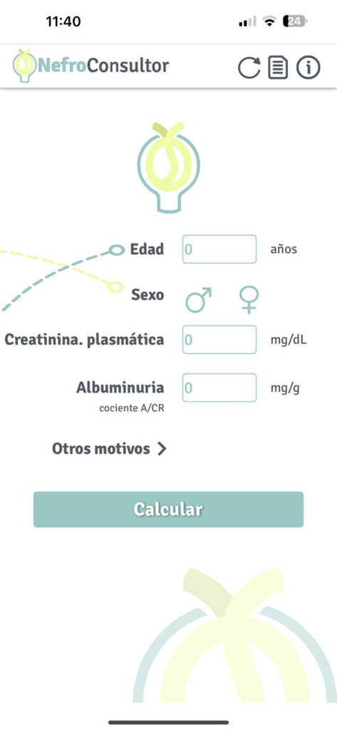 Nefroconsultor - Pantalla de la aplicación de soporte de decisiones clínicas Nefroconsultor para la entrada de evaluación de riesgo renal
