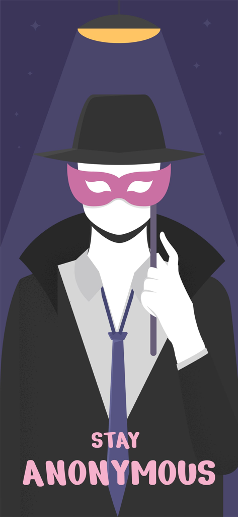 Slyde: Meet, Match & Move on - Ilustração estilizada de uma pessoa mascarada de sobretudo sob um holofote com o texto "MANTENHA O ANONIMATO"