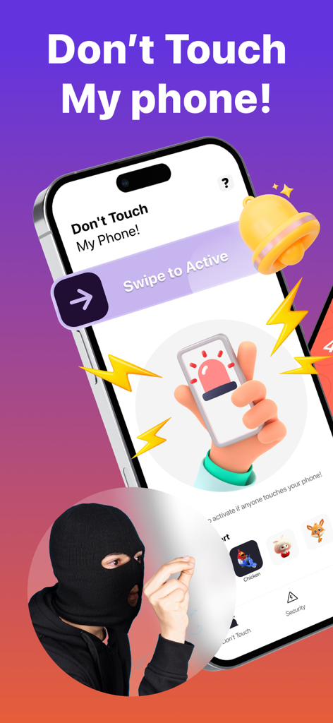 Interface of the Don't Touch My Phone antitheft app showing a swipe to active button and a warning graphic of a masked intruder.