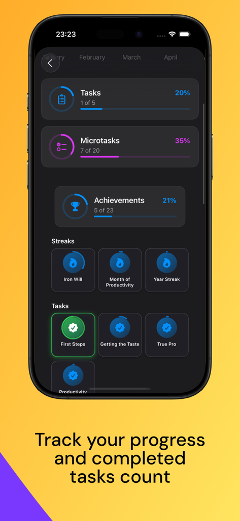 TaskSteps: To Do List & Focus - TaskSteps app dashboard showing task completion progress and gamified achievement badges