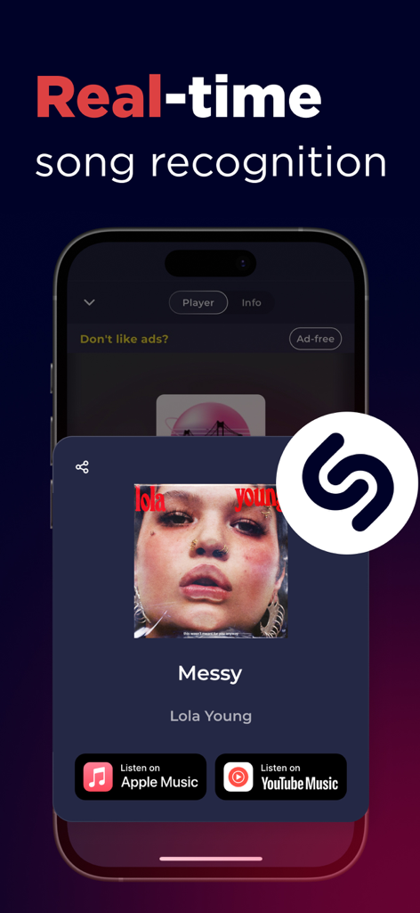 Radio USA Live Online FM & AM - Interfaccia dell'app Radio USA che mostra il riconoscimento di canzoni in tempo reale con integrazione Shazam