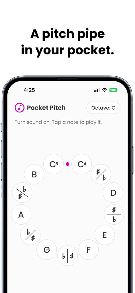 Pocket Pitch app interface showing a digital chromatic pitch pipe for singers
